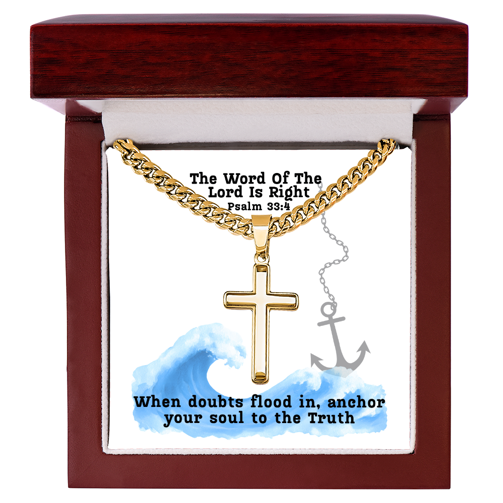 The Word Of The Lord Is Right (Psalm 33:4) | Premium Sterling Silver Cuban Link Cross Necklace
