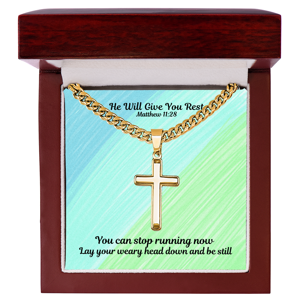 He Will Give You Rest (Matthew 11:28) | Premium Sterling Silver Cuban Link Cross Necklace