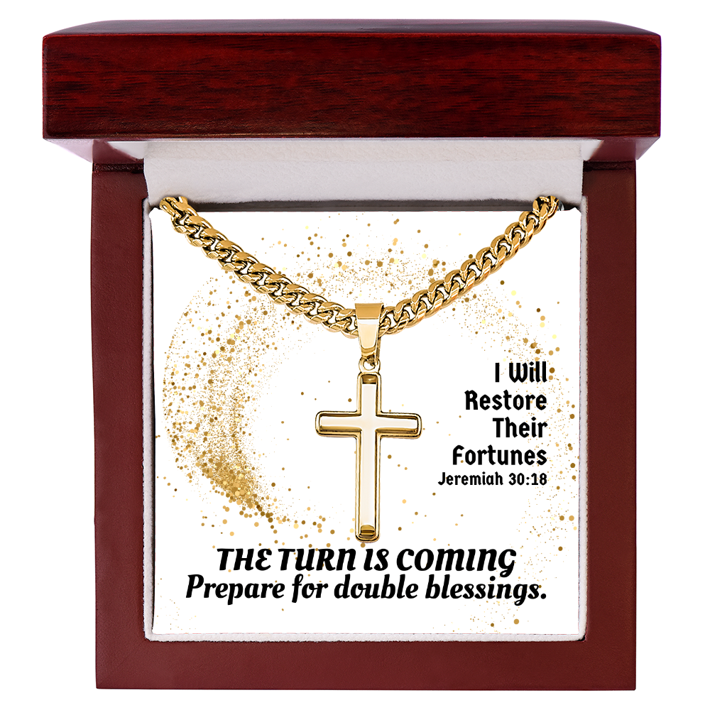 I Will Restore Their Fortunes (Jeremiah 30:18) | Premium Sterling Silver Cuban Link Cross Necklace