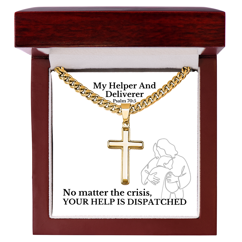 My Helper And Deliverer (Psalm 70:5) | Premium Sterling Silver Cuban Link Cross Necklace