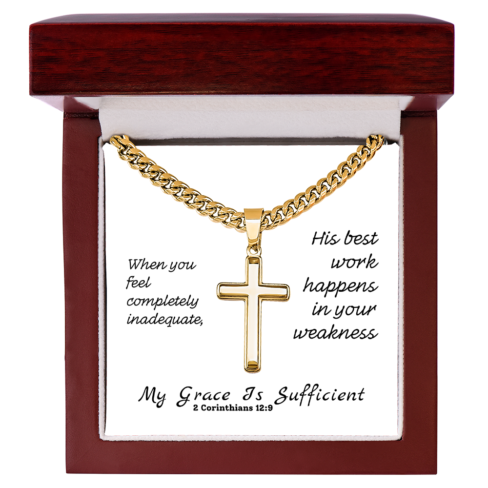 My Grace Is Sufficient (2 Corinthians 12:9) | Premium Sterling Silver Cuban Link Cross Necklace