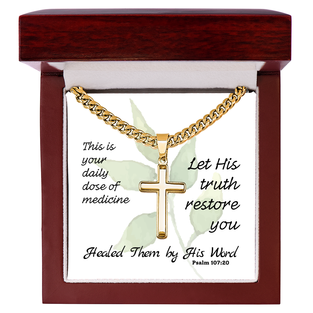 Healed Them By His Words (Psalm 107:20) | Premium Sterling Silver Cuban Link Cross Necklace