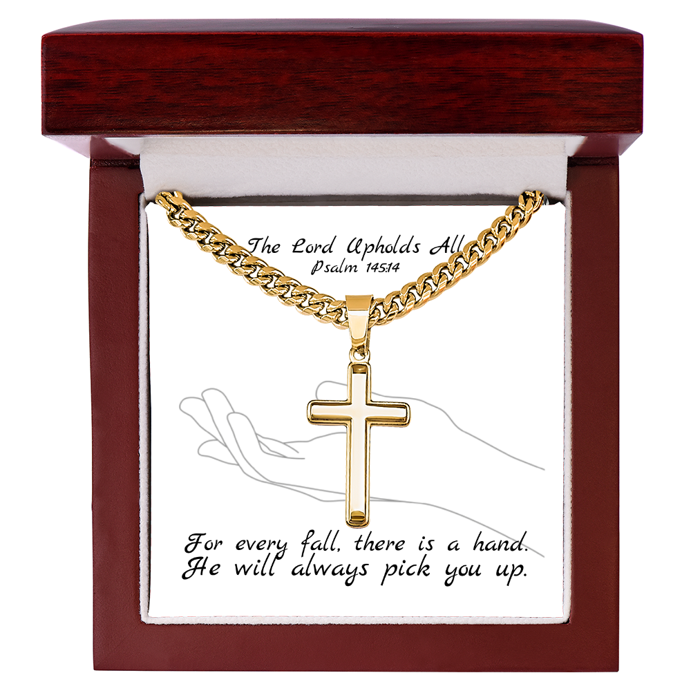 The Lord Upholds All (Psalm 145:14) | Premium Sterling Silver Cuban Link Cross Necklace