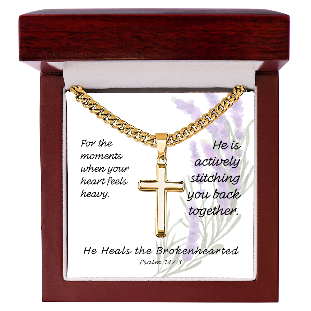 He Heals The Brokenhearted (Psalm 147:3) | Premium Sterling Silver Cuban Link Cross Necklace