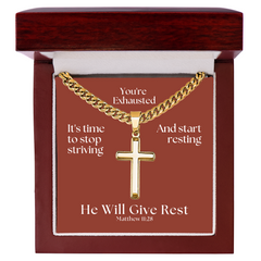 He Will Give  Rest (Matthew 11:28) | Premium Sterling Silver Cuban Link Cross Necklace