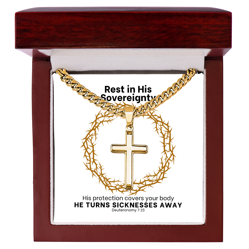 He Turns Sicknesses Away (Deuteronomy 7:15) | Premium Sterling Silver Cuban Link Cross Necklace
