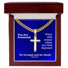 My Strength and My Shield (Psalm 28:7) | Premium Sterling Silver Cuban Link Cross Necklace
