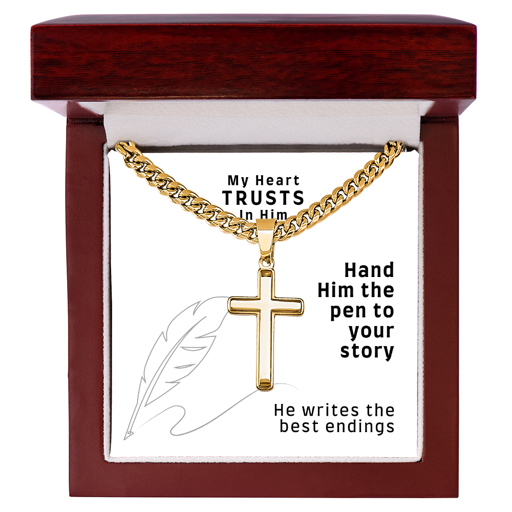 My Heart Trusts In Him (Psalm 28:7) | Premium Sterling Silver Cuban Link Cross Necklace