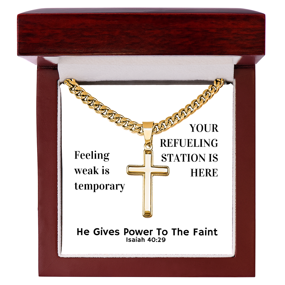 He Gives Power To The Faint (Isaiah 40:29) | Premium Sterling Silver Cuban Link Cross Necklace