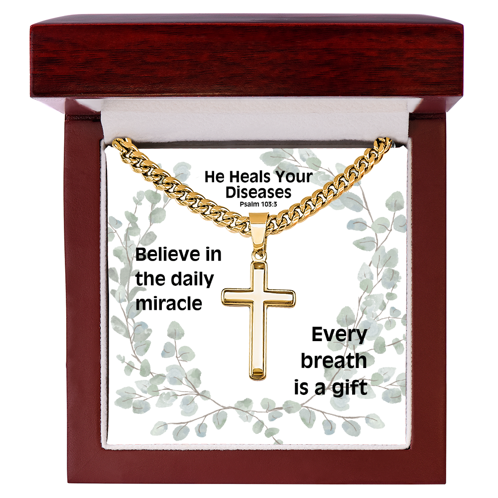 He Heals Your Diseases (Psalm 103:3) | Premium Sterling Silver Cuban Link Cross Necklace