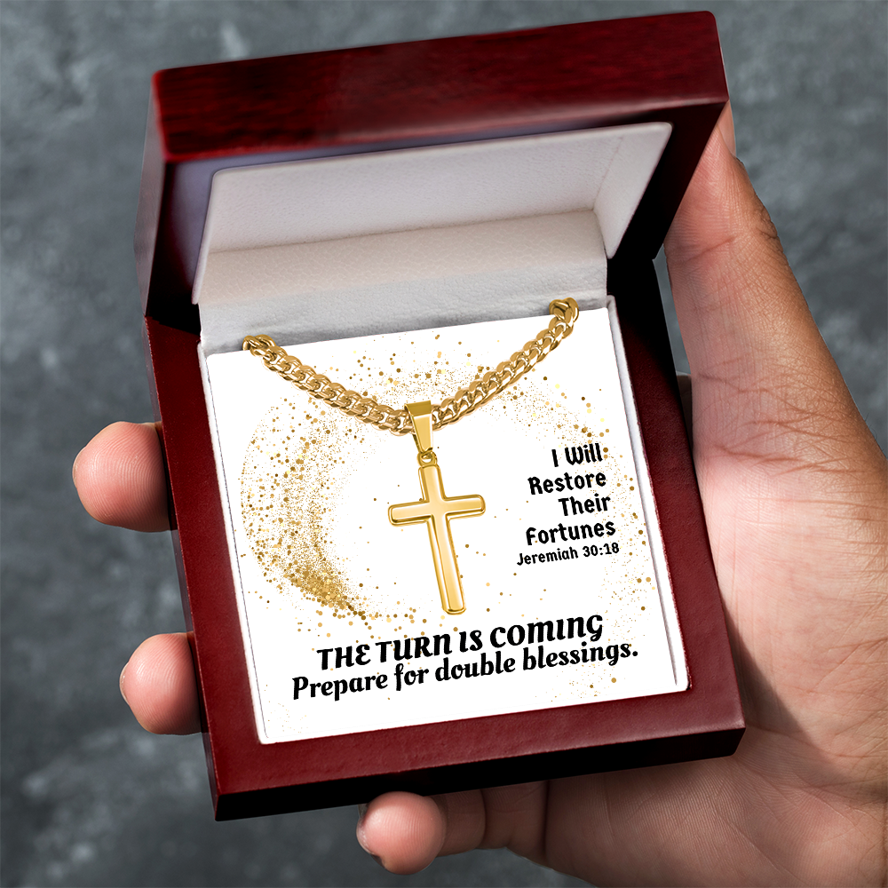 I Will Restore Their Fortunes (Jeremiah 30:18) | Premium Sterling Silver Cuban Link Cross Necklace