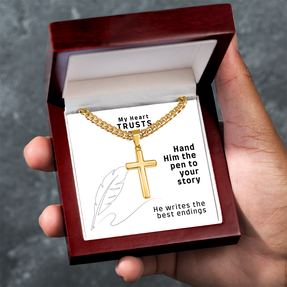 My Heart Trusts In Him (Psalm 28:7) | Premium Sterling Silver Cuban Link Cross Necklace