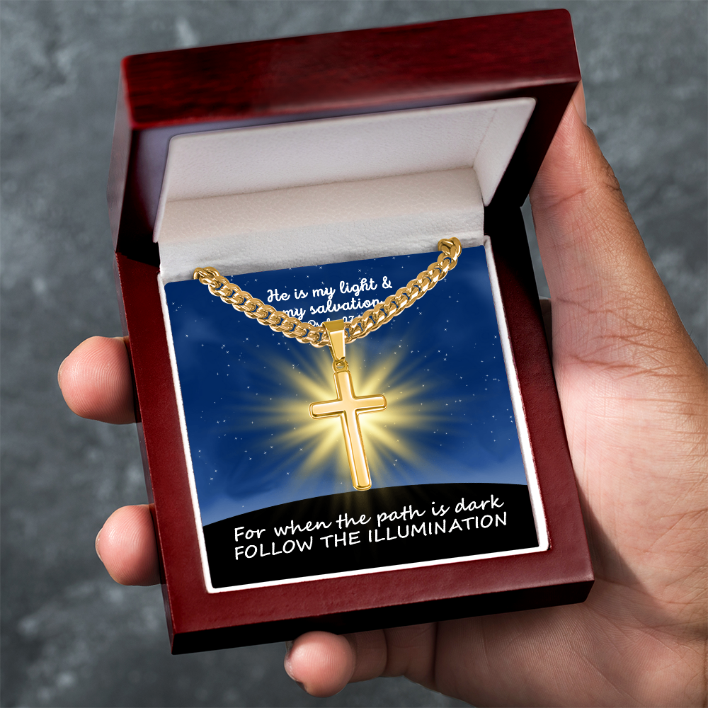 He Is My Light & My Salvation (Psalm 27:1) | Premium Sterling Silver Cuban Link Cross Necklace