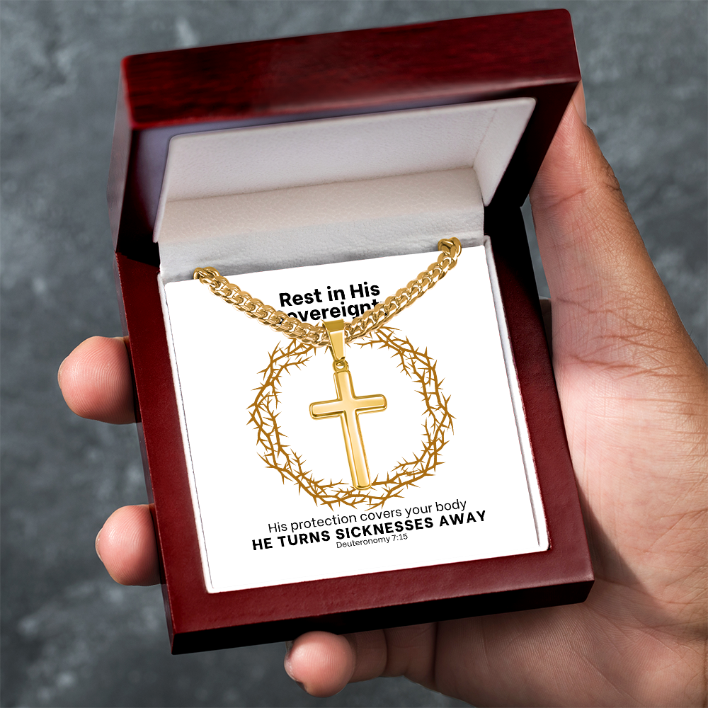He Turns Sicknesses Away (Deuteronomy 7:15) | Premium Sterling Silver Cuban Link Cross Necklace
