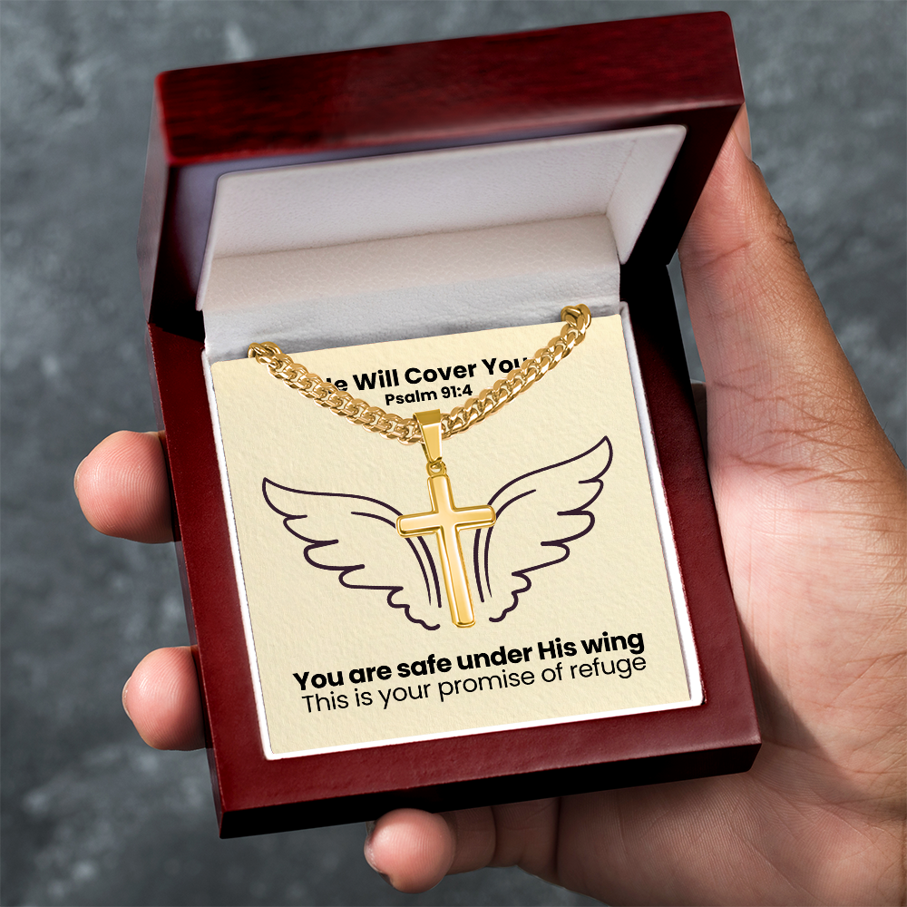 He Will Cover You (Psalm 91:4) | Premium Sterling Silver Cuban Link Cross Necklace