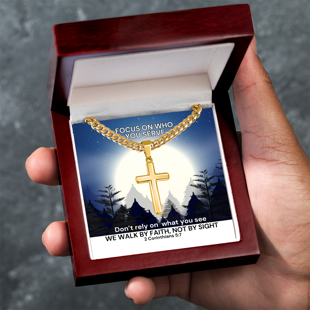 We Walk By Faith, Not By Sight (2 Corinthians 5:7) | Premium Sterling Silver Cuban Link Cross Necklace
