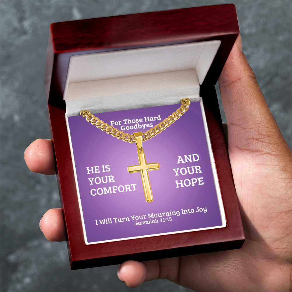 I Will Turn Your Mourning Into Joy (Jeremiah 31:13) | Premium Sterling Silver Cuban Link Cross Necklace