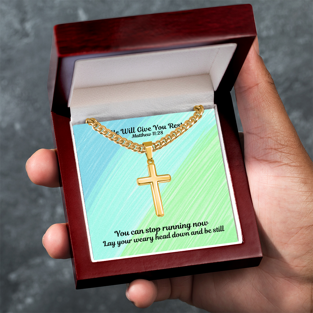 He Will Give You Rest (Matthew 11:28) | Premium Sterling Silver Cuban Link Cross Necklace