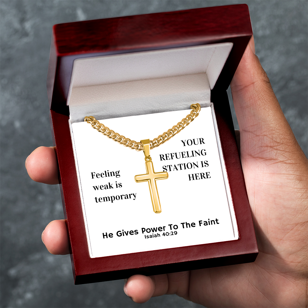 He Gives Power To The Faint (Isaiah 40:29) | Premium Sterling Silver Cuban Link Cross Necklace