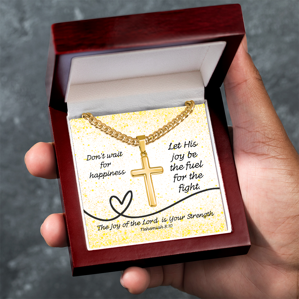 The Joy of the Lord Is Your Strength (Nehemiah 8:10) | Premium Sterling Silver Cuban Link Cross Necklace