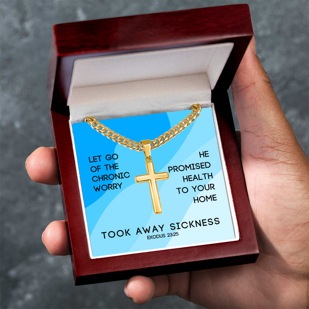 Took Away Sickness (Exodus 23:25) | Premium Sterling Silver Cuban Link Cross Necklace