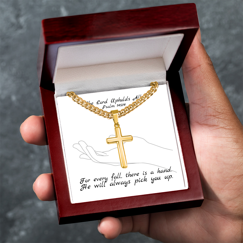 The Lord Upholds All (Psalm 145:14) | Premium Sterling Silver Cuban Link Cross Necklace