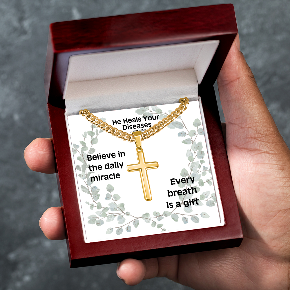 He Heals Your Diseases (Psalm 103:3) | Premium Sterling Silver Cuban Link Cross Necklace