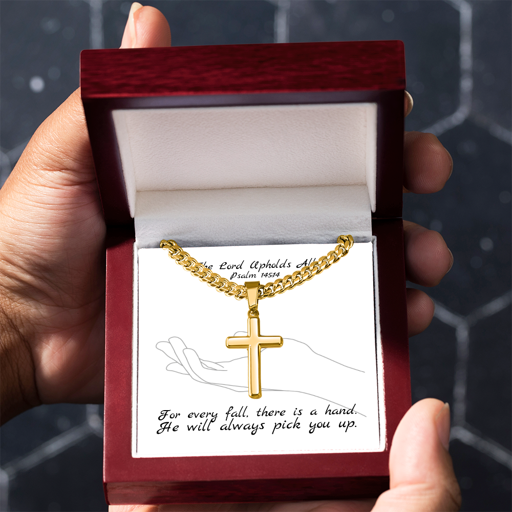 The Lord Upholds All (Psalm 145:14) | Premium Sterling Silver Cuban Link Cross Necklace
