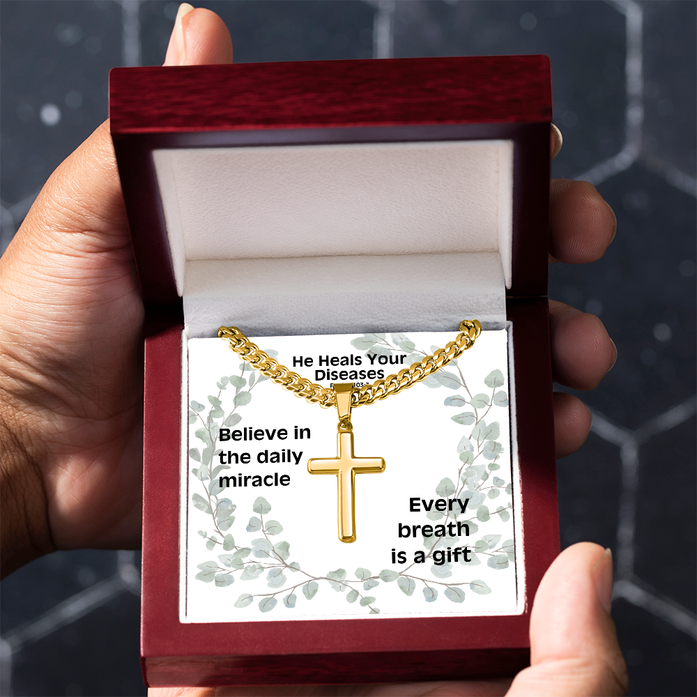 He Heals Your Diseases (Psalm 103:3) | Premium Sterling Silver Cuban Link Cross Necklace