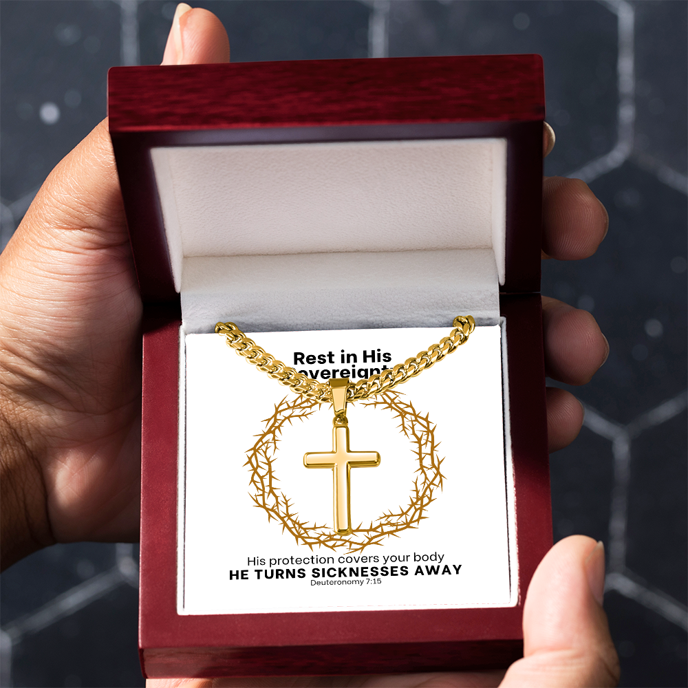 He Turns Sicknesses Away (Deuteronomy 7:15) | Premium Sterling Silver Cuban Link Cross Necklace
