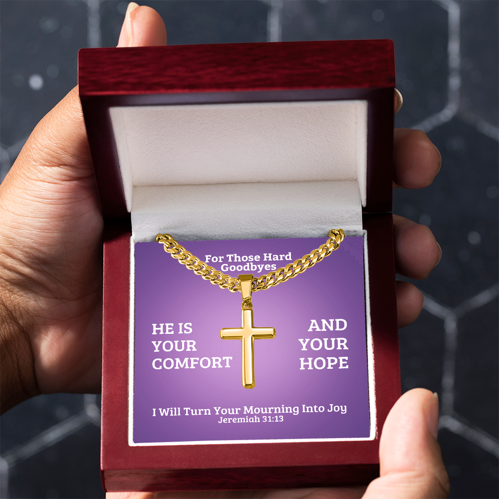 I Will Turn Your Mourning Into Joy (Jeremiah 31:13) | Premium Sterling Silver Cuban Link Cross Necklace