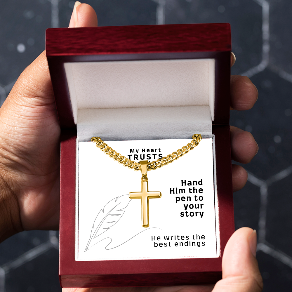 My Heart Trusts In Him (Psalm 28:7) | Premium Sterling Silver Cuban Link Cross Necklace