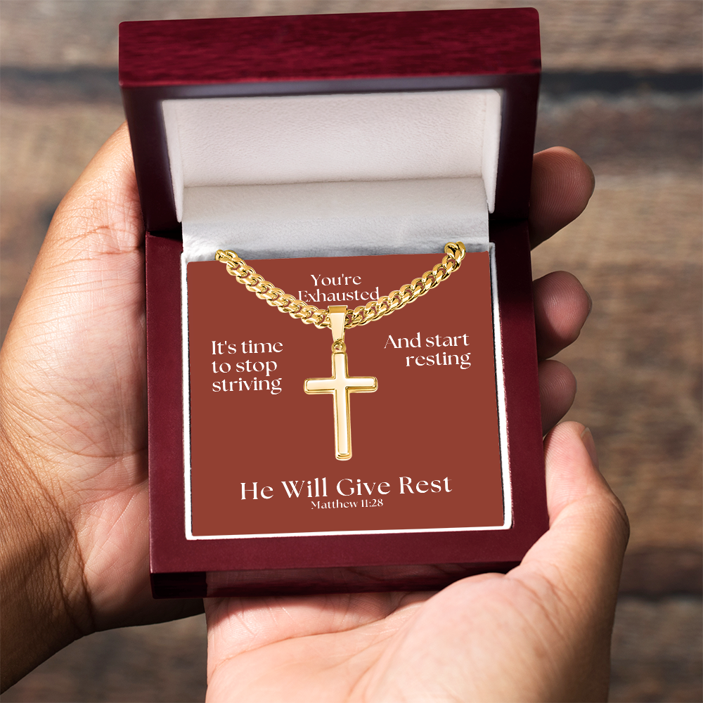 He Will Give  Rest (Matthew 11:28) | Premium Sterling Silver Cuban Link Cross Necklace