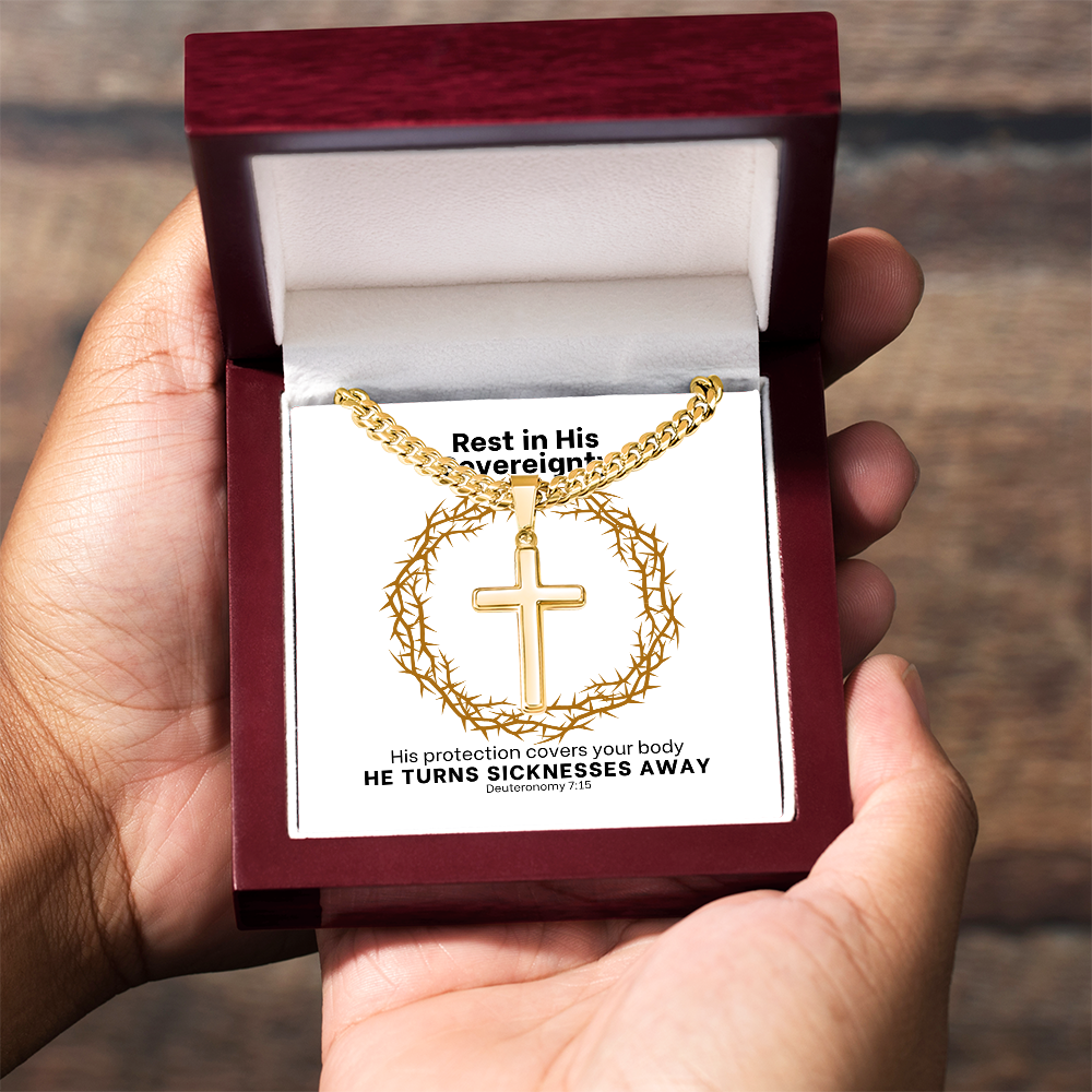 He Turns Sicknesses Away (Deuteronomy 7:15) | Premium Sterling Silver Cuban Link Cross Necklace
