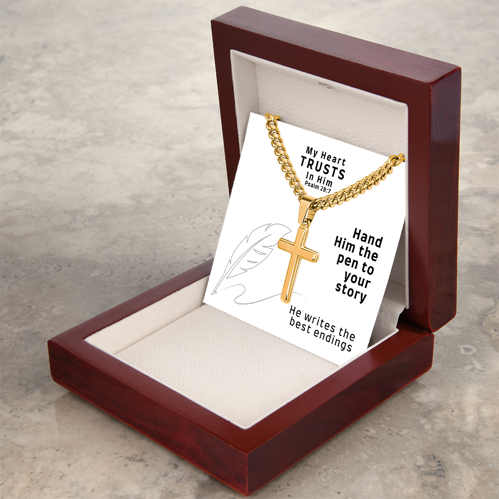 My Heart Trusts In Him (Psalm 28:7) | Premium Sterling Silver Cuban Link Cross Necklace