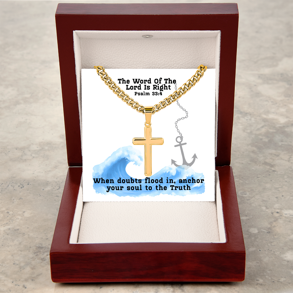 The Word Of The Lord Is Right (Psalm 33:4) | Premium Sterling Silver Cuban Link Cross Necklace