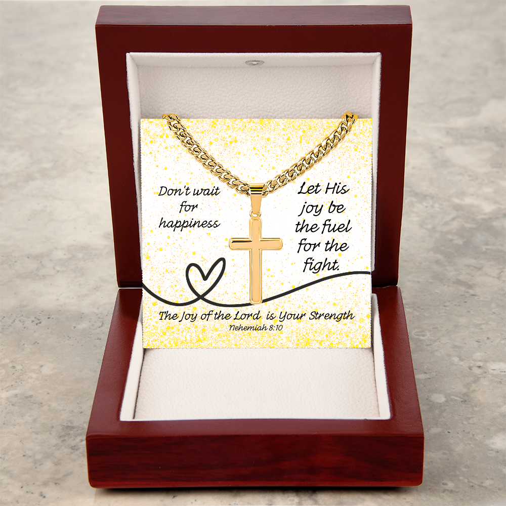 The Joy of the Lord Is Your Strength (Nehemiah 8:10) | Premium Sterling Silver Cuban Link Cross Necklace