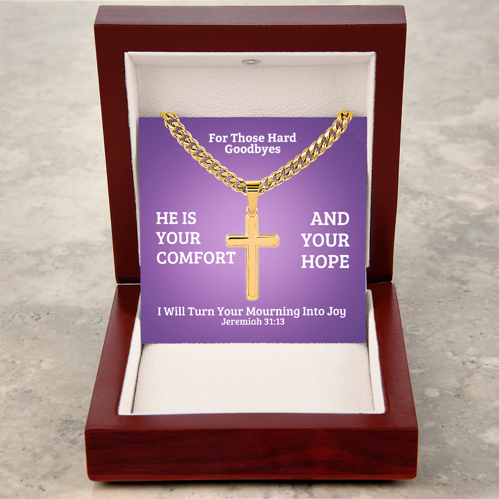 I Will Turn Your Mourning Into Joy (Jeremiah 31:13) | Premium Sterling Silver Cuban Link Cross Necklace