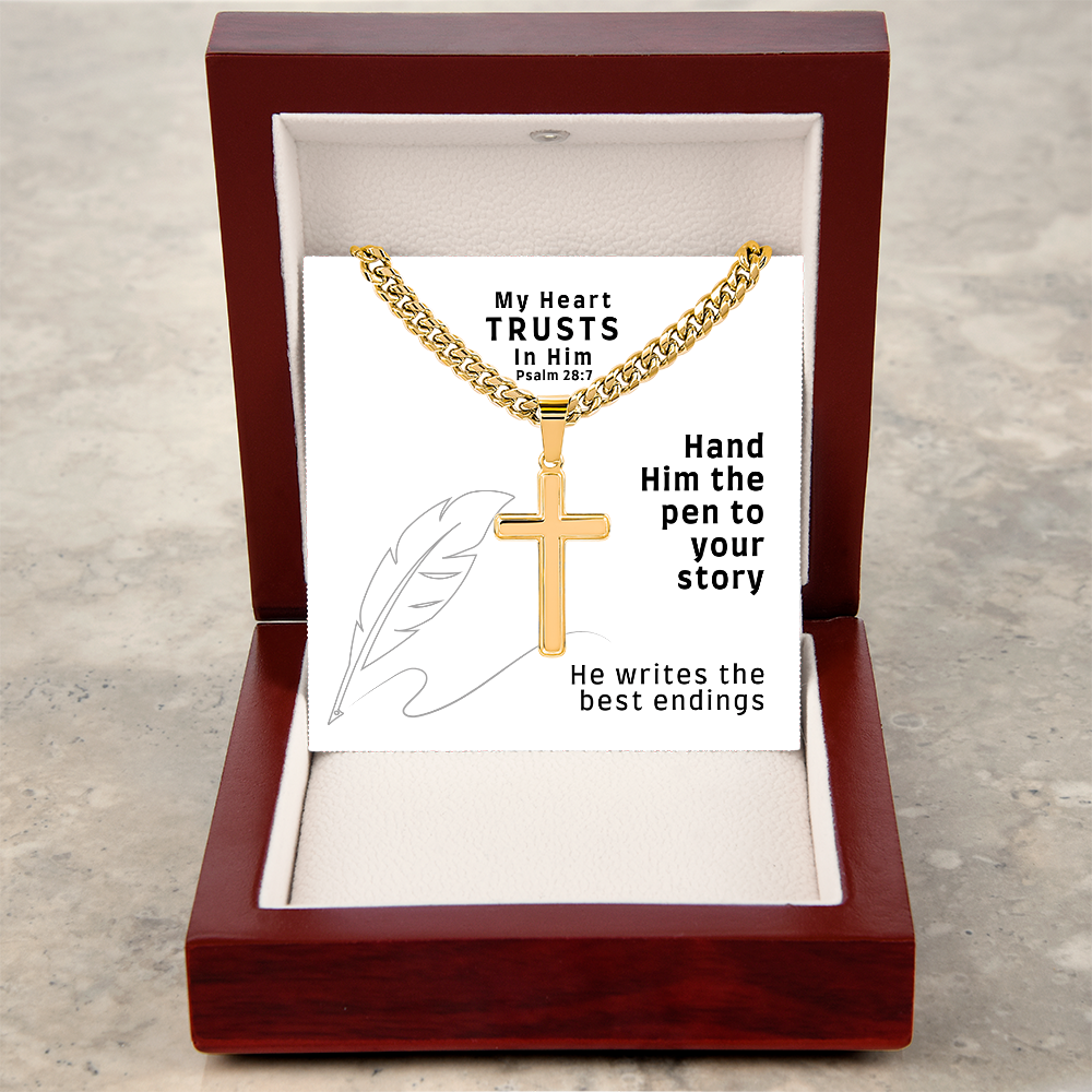 My Heart Trusts In Him (Psalm 28:7) | Premium Sterling Silver Cuban Link Cross Necklace