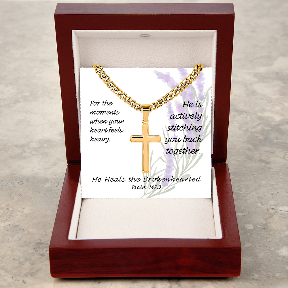 He Heals The Brokenhearted (Psalm 147:3) | Premium Sterling Silver Cuban Link Cross Necklace