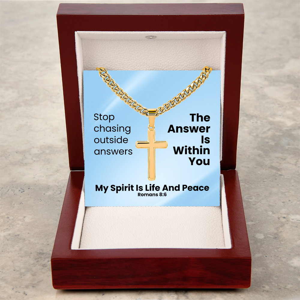 My Spirit Is Life And Peace (Romans 8:6) | Premium Sterling Silver Cuban Link Cross Necklace