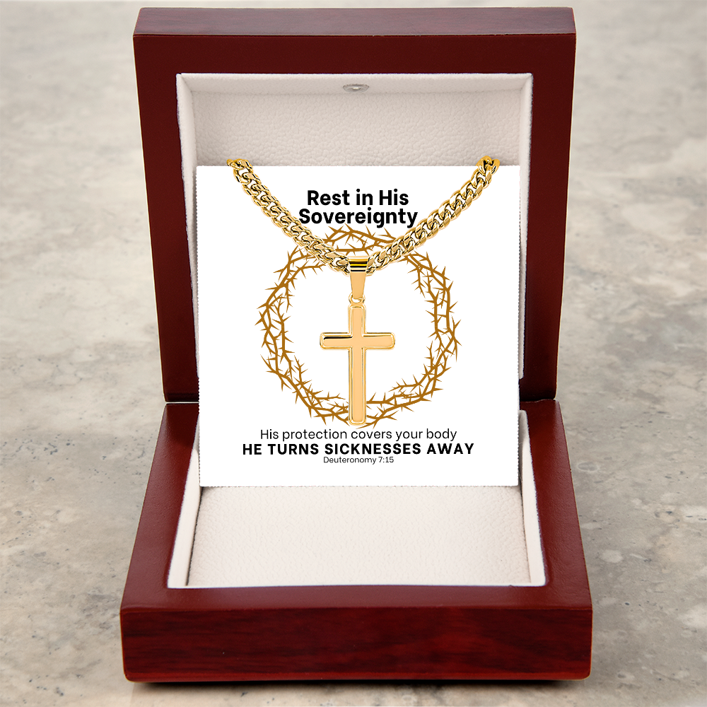 He Turns Sicknesses Away (Deuteronomy 7:15) | Premium Sterling Silver Cuban Link Cross Necklace