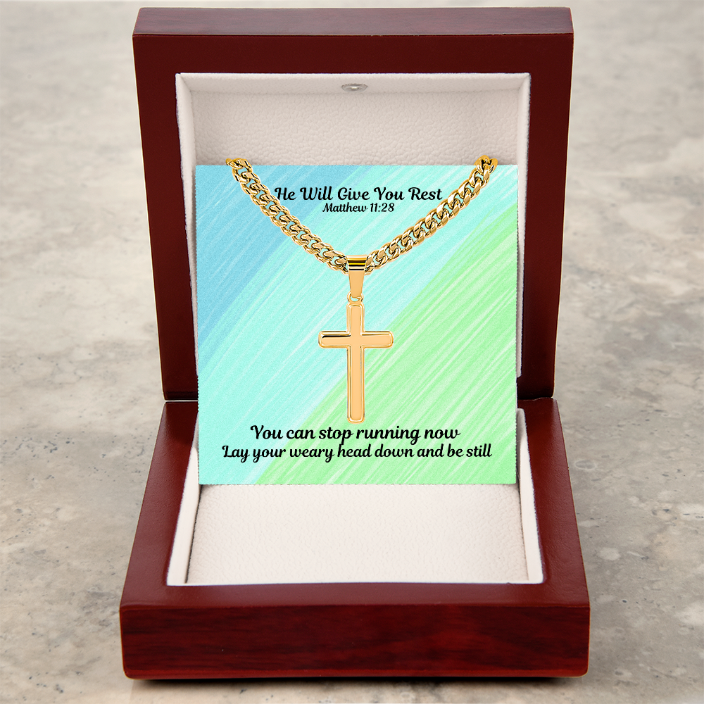 He Will Give You Rest (Matthew 11:28) | Premium Sterling Silver Cuban Link Cross Necklace