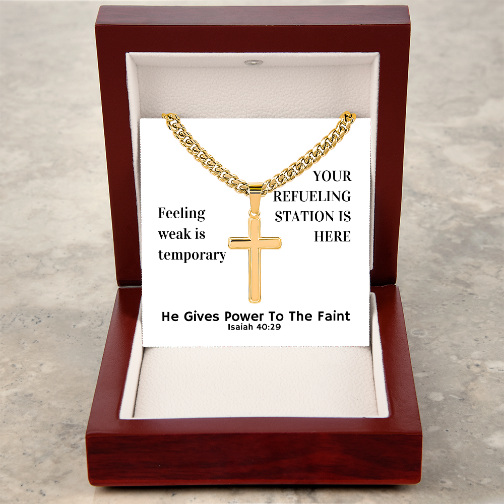 He Gives Power To The Faint (Isaiah 40:29) | Premium Sterling Silver Cuban Link Cross Necklace
