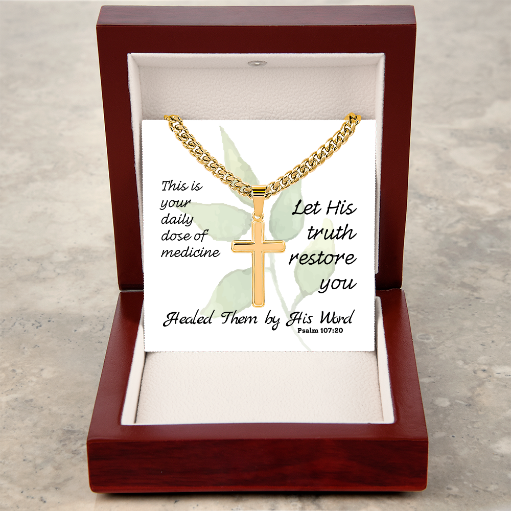 Healed Them By His Words (Psalm 107:20) | Premium Sterling Silver Cuban Link Cross Necklace