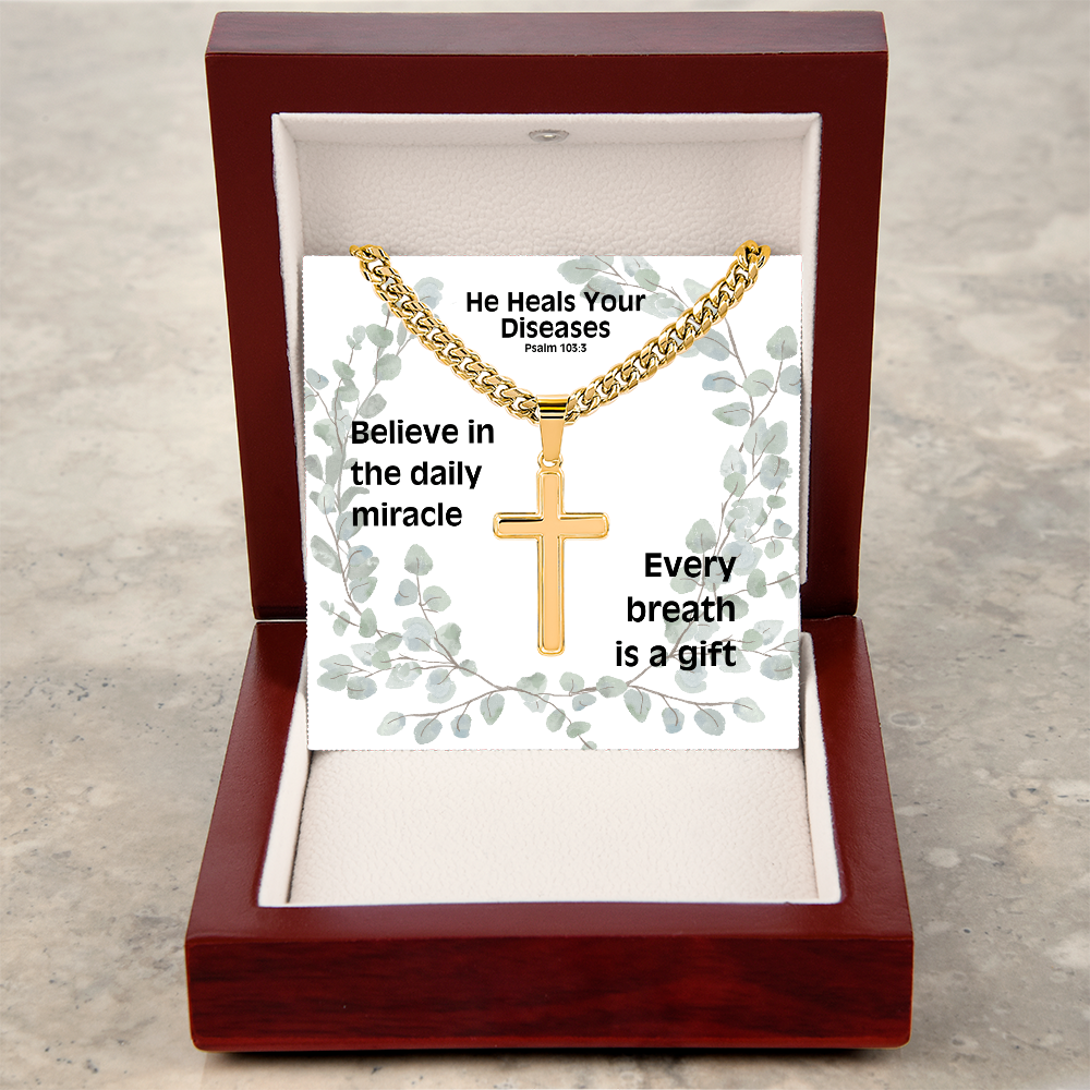 He Heals Your Diseases (Psalm 103:3) | Premium Sterling Silver Cuban Link Cross Necklace