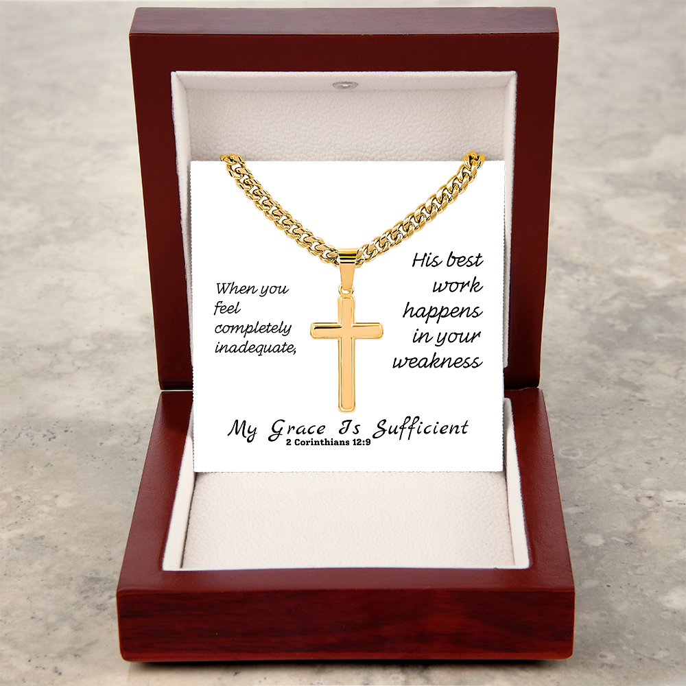 My Grace Is Sufficient (2 Corinthians 12:9) | Premium Sterling Silver Cuban Link Cross Necklace