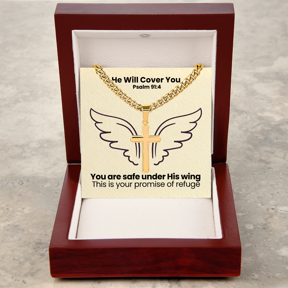 He Will Cover You (Psalm 91:4) | Premium Sterling Silver Cuban Link Cross Necklace
