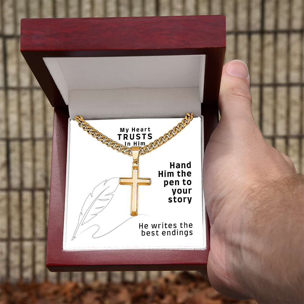 My Heart Trusts In Him (Psalm 28:7) | Premium Sterling Silver Cuban Link Cross Necklace