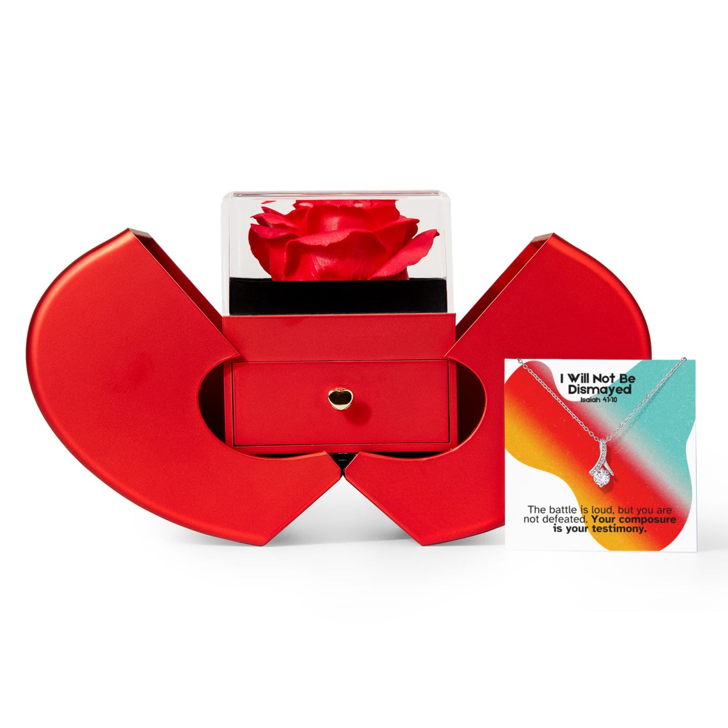 I Will Not Be Dismayed (Isaiah 41:10) | Love Knot Necklace in Red Heart Rose Box